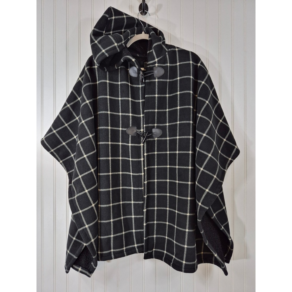 Modena Hooded Poncho Cape Black White Windowpane Plaid Sherpa Lined Toggle‎ OS